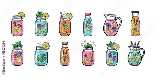Colorful illustrated collection of summer lemonade and iced tea in mason jars, bottles, and pitchers with lemon, mint, lavender, and edible flower garnishes