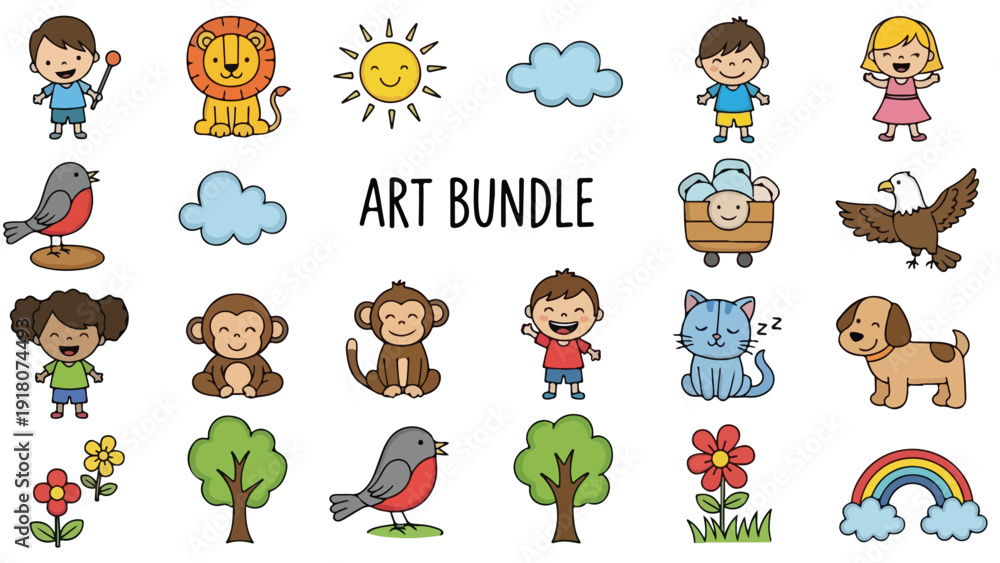 Obraz premium Whimsical art bundle featuring diverse cartoon characters and nature elements