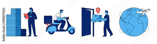 Flat Vector Logistics Supply Chain Graphic Set for International Shipping and Delivery Services