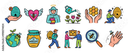 Colorful set of doodle-style icons about beekeeping, apiculture, and bee conservation, showing a beekeeper, beehive, honeycomb, honey jar, and symbols of environmental stewardship