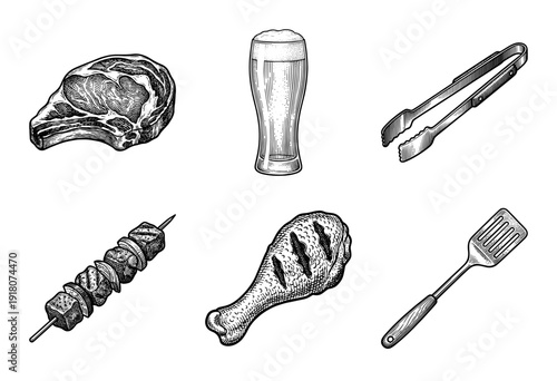 Vintage engraving style barbecue collection featuring grilled steak, chicken drumstick, meat skewer, beer glass, and metal cooking tools.