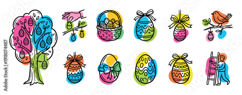 Colorful set of hand-drawn Easter icons featuring decorated eggs, a festive tree, a basket, and a bird in a playful doodle style with bright, offset color spots for a spring holiday