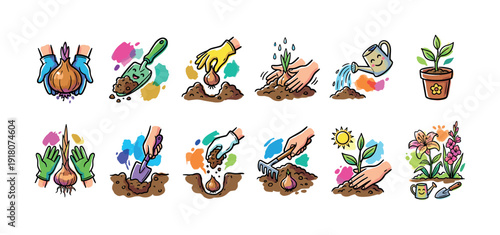 Set of colorful hand-drawn illustrations showing the step-by-step process of planting a flower bulb, from digging in the soil to watering the sprout and watching it bloom
