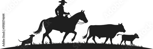 Western cowboy silhouette herding cattle on horseback with dog, rural ranch livestock scene, minimalist black vector illustration isolated white background