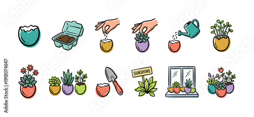 Colorful set of hand-drawn doodle icons illustrating the process of planting and growing small houseplants and succulents in eggshells and colorful pots