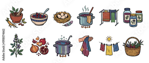 Collection of hand-drawn natural dyeing icons showing the process of coloring fabric with plants, berries, and roots, from foraging to boiling and drying the textiles