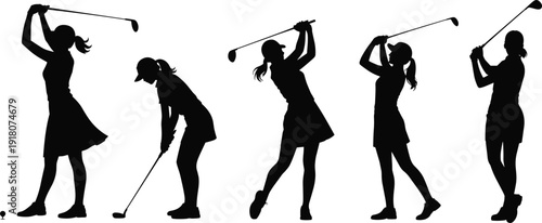 Female golfer swing sequence silhouette illustration showing golf motion stages isolated on white background for sports training design concept art
