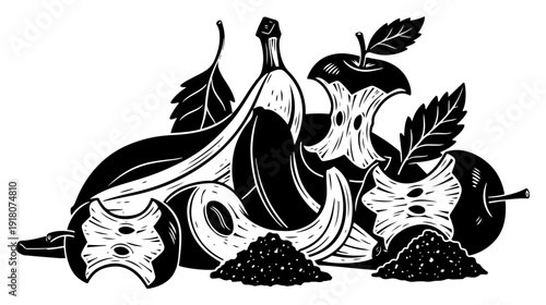 Woodcut style illustration of organic food waste with banana peels and apple cores