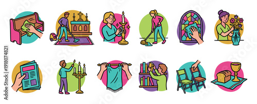 Colorful set of twelve church icons showing volunteer activities like cleaning pews, arranging flowers, lighting candles, mopping floors, and preparing for a religious service
