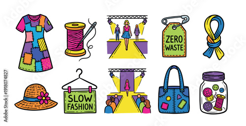 Colorful hand-drawn slow fashion icon collection featuring a patchwork dress, sewing tools, and zero waste elements illustrating sustainable style and conscious consumerism