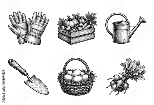 Vintage engraving style collection of organic farming and gardening icons including harvest vegetables, hand tools, and rustic farm products.