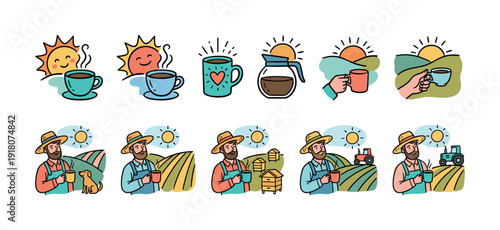 Set of cute hand-drawn doodle illustrations showing a farmer enjoying a morning coffee break on a farm with a tractor, dog, and beehives under a smiling sun