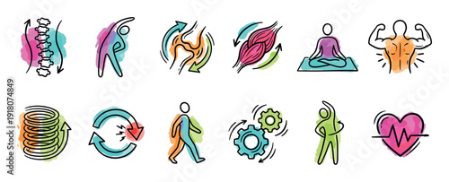 Set of colorful hand-drawn icons representing physical therapy, health, and wellness concepts like spine alignment, muscle, yoga, and stretching in a sketchy watercolor style