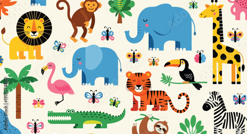 Vibrant jungle animal collage with tropical plants