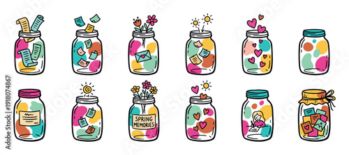 Colorful collection of hand-drawn memory jars filled with notes, hearts, and flowers in a cute doodle style, representing wishes, love, and spring moments