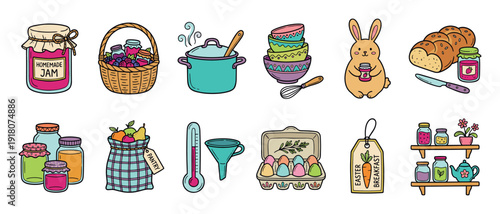 Colorful hand-drawn set of illustrations featuring homemade jam, cooking utensils, pantry items, and cute Easter breakfast elements like a bunny and painted eggs