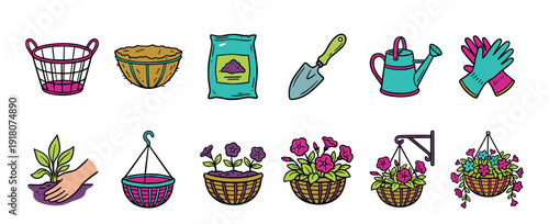 Set of colorful gardening illustrations showing tools and hanging baskets for planting flowers, including a trowel, watering can, gloves, soil, and various planted pots in a cute doodle style
