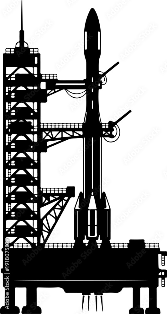 Obraz premium Rocket launch pad silhouette vector illustration