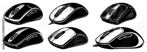 Set of various computer mouse designs including wired and wireless peripheral models in hand drawn style