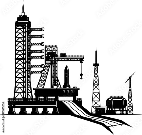 Rocket launch pad silhouette vector illustration