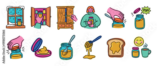 Set of colorful hand-drawn doodle illustrations showing the cozy winter process of opening a jar of honey or jam and preparing a warm breakfast with toast and a hot drink