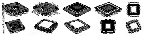 Set of computer processor and microchip illustrations in detailed technical line art style