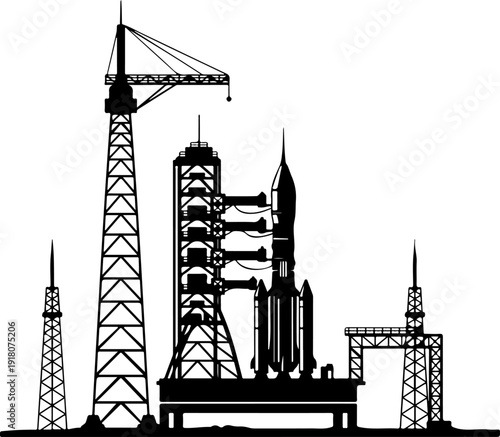 Rocket launch pad silhouette vector illustration