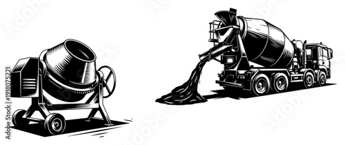 Vintage woodcut style illustration of a concrete mixer and cement truck