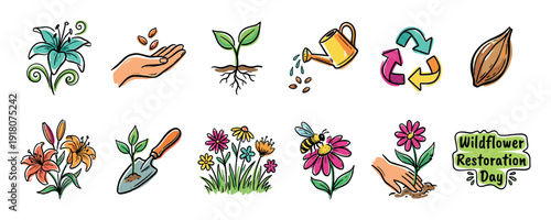 Colorful set of hand-drawn icons for Wildflower Restoration Day, featuring gardening tools, plants, flowers, seeds, a bee, and environmental symbols like recycling in a doodle illustration style