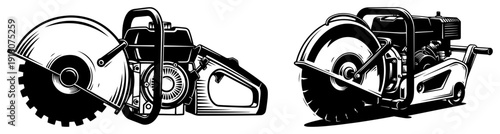 Professional concrete saw and power cutter icons in vintage engraving style