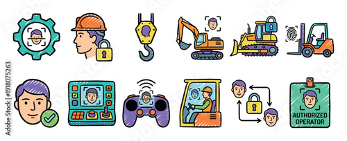 Colorful hand-drawn icon set illustrating biometric security and access control for heavy machinery operators, featuring face recognition, fingerprint scans, and authorization badges