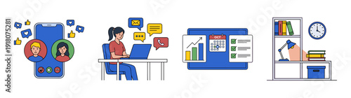 Flat Vector Remote Work and Productivity Graphic Set for Digital Communication and Office Management