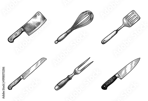 Vintage style hand drawn kitchen utensil collection featuring cleaver whisk spatula bread knife carving fork and chef knife in black and white engraving style.