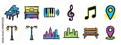 Collection of colorful hand-drawn icons featuring music and city life themes, including a piano, musical notes, a skyline, and location pins in a playful doodle style