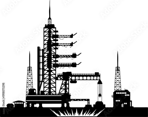 Rocket launch pad silhouette vector illustration