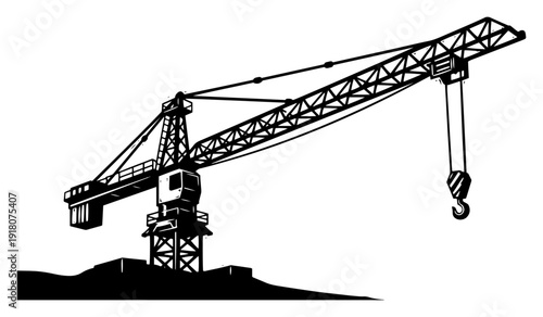 Detailed woodcut style illustration of a construction tower crane at a building site