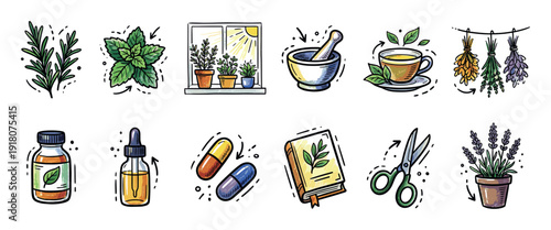 Collection of hand-drawn herbal medicine icons in a doodle style, featuring rosemary, mint, lavender, dried herbs, essential oil, pills, a mortar and pestle, and a cup of tea