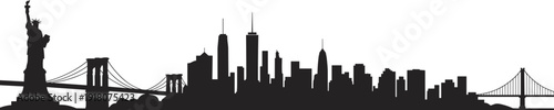 New York City skyline silhouette with Statue of Liberty, Brooklyn Bridge, Manhattan skyscrapers, urban landmark panorama illustration, black cityscape vector