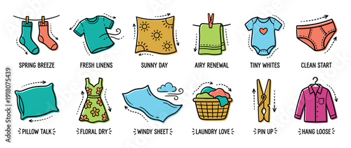Collection of colorful hand-drawn laundry icons in a cute doodle style, depicting fresh clean clothes, washing symbols, household chores, and fabric care concepts