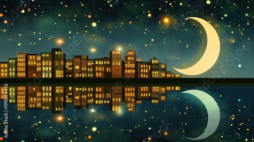 City Skyline with Skyscraper, Crescent Moon, and Calm Water Reflection
