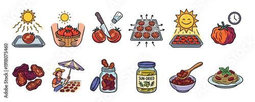 Hand-drawn cartoon icons illustrating the step-by-step recipe for making sun-dried tomatoes, from harvesting and slicing to drying, jarring in oil, and serving with pasta