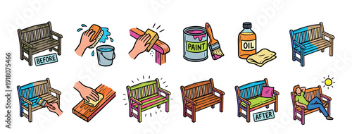 Hand-drawn illustration set showing the step-by-step process of restoring a wooden garden bench from before to after, including cleaning, sanding, painting, and oiling