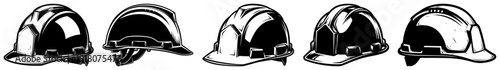 Collection of different industrial safety hard hats and construction helmets in detailed black and white style