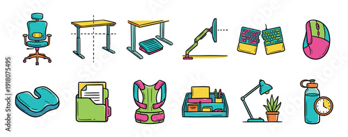 Ergonomic office equipment icon set collection featuring an adjustable desk, chair, posture corrector, and orthopedic cushion in a colorful doodle style for workplace wellness concepts