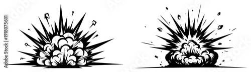 Dynamic explosive blast and smoke clouds set in woodcut style