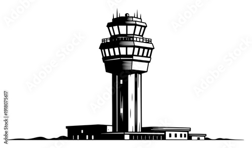 Airport air traffic control tower illustration in minimalist linocut style