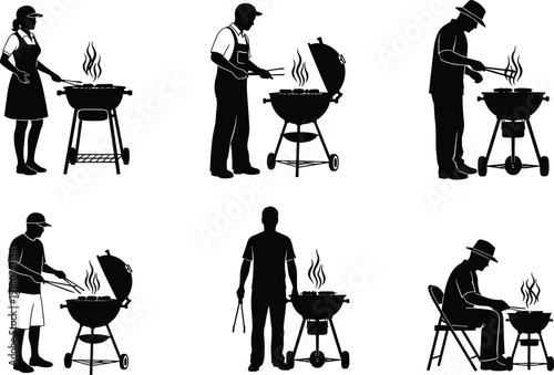 Barbecue grill cooking silhouettes collection featuring people grilling food outdoors, summer BBQ activity black vector illustration set isolated on white background