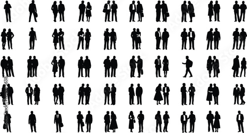 Business people group silhouettes collection featuring corporate professionals, office workers, and team figures in black vector illustration set isolated on white background
