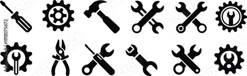 Black tool icons, screwdriver, hammer, wrench, pliers, gear, engineering, repair, maintenance, mechanic, construction, workshop, industrial, vector, symbol, design, illustration, hardware, 