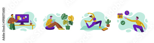 Flat Vector Remote Work and Wellness Graphic Set for Modern Productivity and Lifestyle Blog Branding